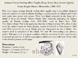 Bague à serviette en argent sterling français antique, torche, arc, carquois de flèches, Besegher.