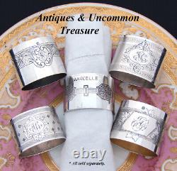 Bague de serviette en argent sterling français antique, style guilloché, médaillon avec HR