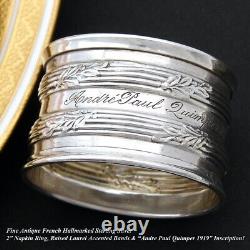 Beau Porte-serviettes français ancien en argent sterling, 2 anneaux, orné de motifs de feuillage