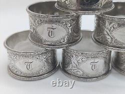 Ensemble de 6 anneaux de serviette en argent sterling anglais antique avec initiale T datée de 1903.