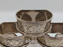 Ensemble de 6 anneaux de serviette en argent sterling anglais antique gravés en D, datant de 1935