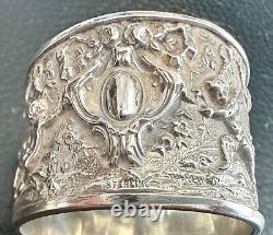 Fabuleux lourd anneau de serviette en argent sterling antique avec chérubin / putto