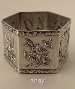 Grand anneau de serviette en argent sterling esthétique américain avec des oiseaux, des fleurs et des raisins