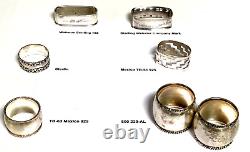 Lot de 7 anneaux de serviette anciens en argent européen et sterling, poids de 5,5+ onces