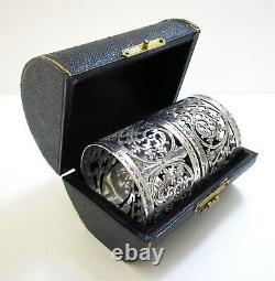 Paire d'anneaux de serviette en argent sterling percé de style victorien anglais antique, coffret